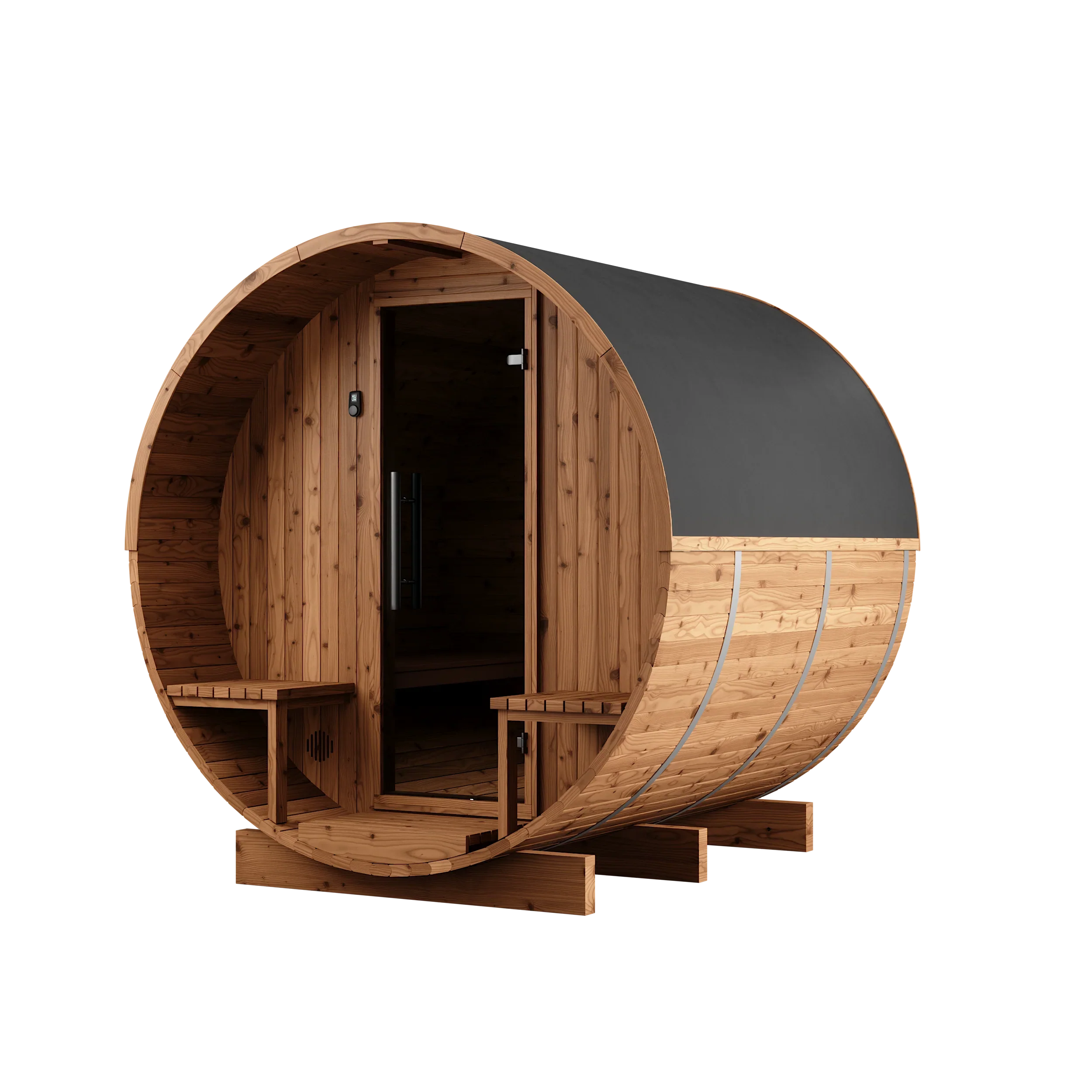 4 Person Thermory Barrel Sauna No. 60 (w/ porch & window - 7.3ft diameter)