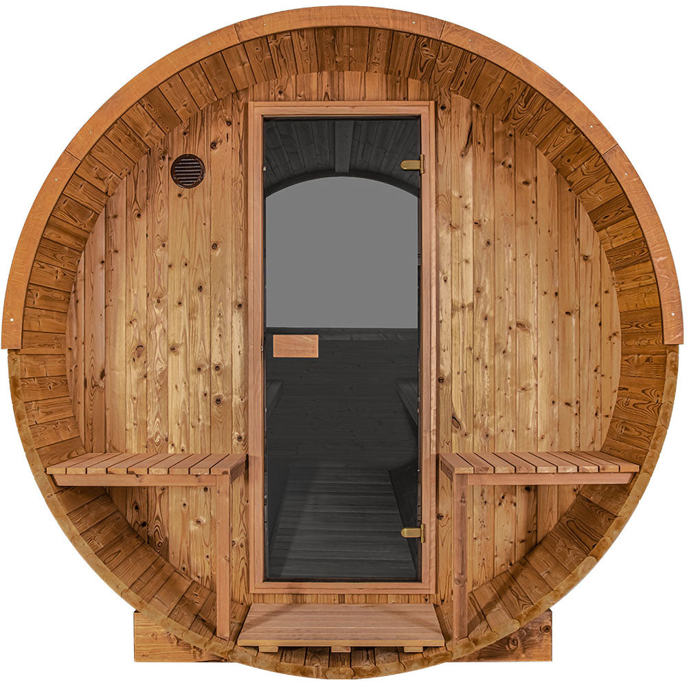 4 Person Thermory Barrel Sauna No. 60 (w/ porch & window - 7.3ft diameter)