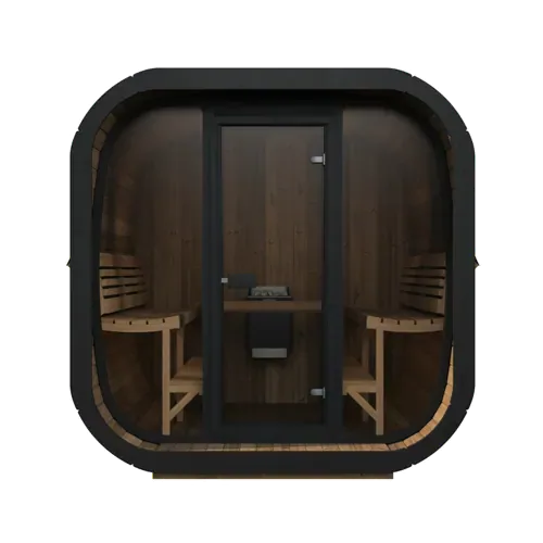SaunaLife's rendering of the CL7G cube sauna from the front: a rounded black frame around a glass front and door, benches along both side walls and a black heater at the back.