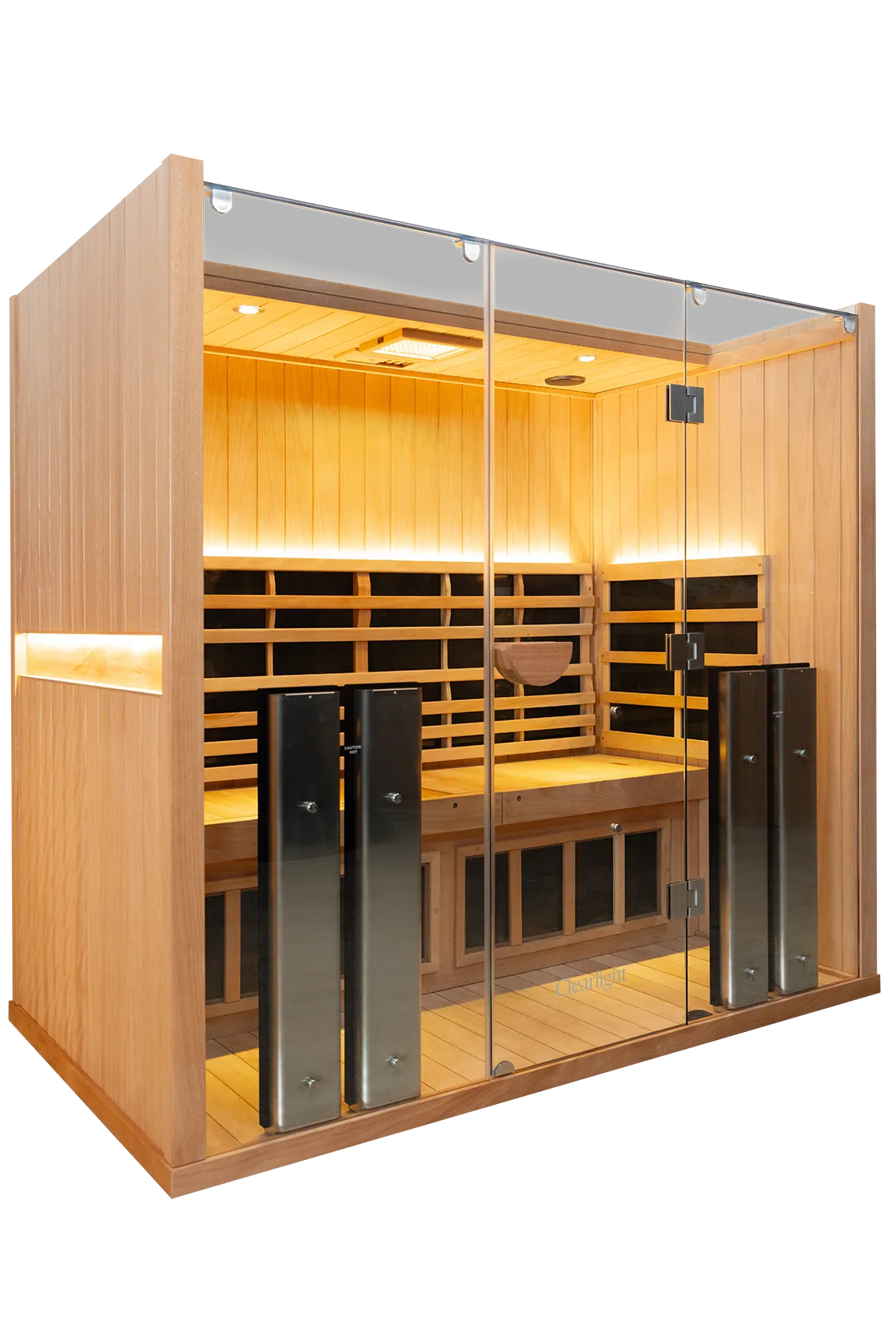 A manufacturer's studio image of an infrared sauna in warm-toned wood with a glass front, lit inside, heater panels along the walls.