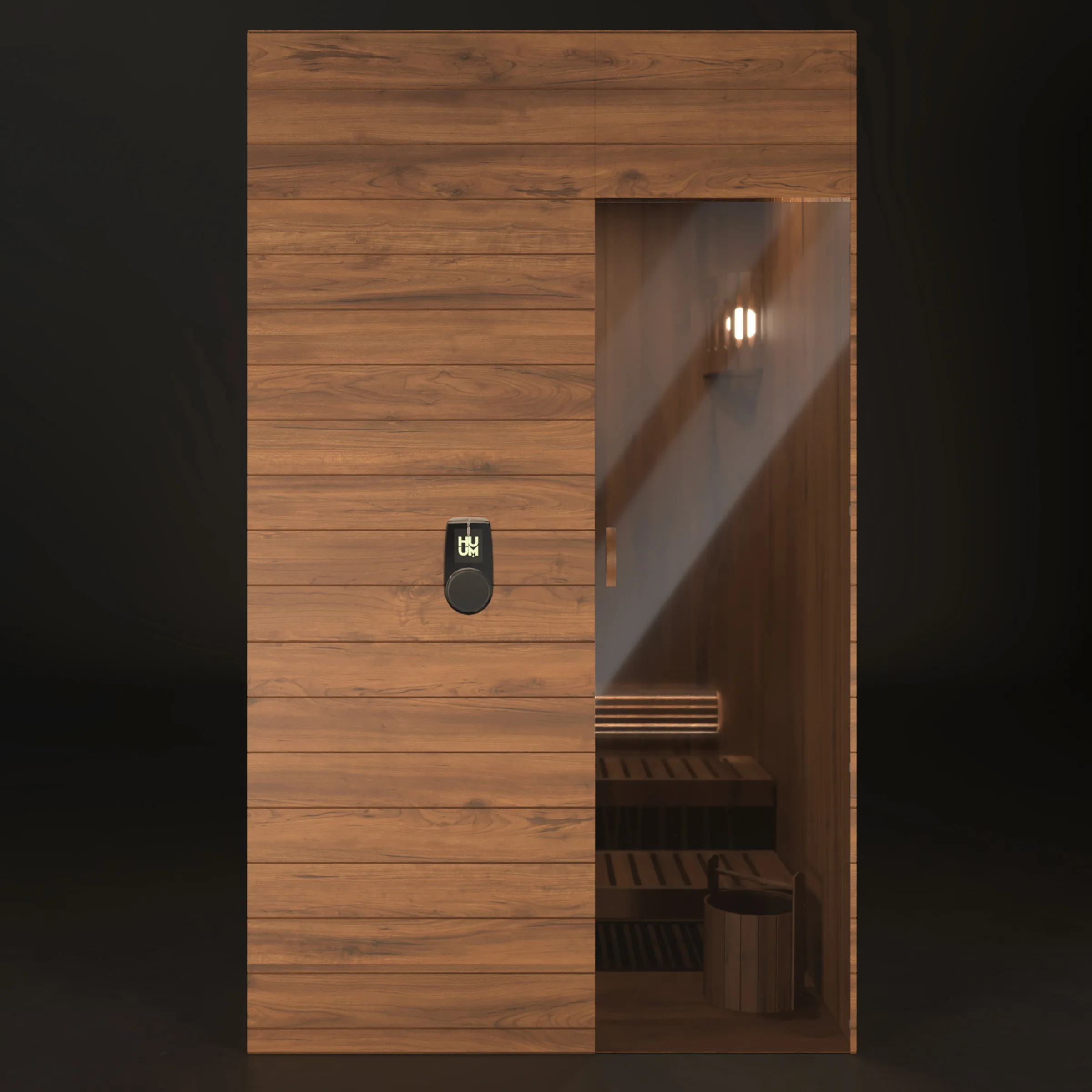 A rendering of the front of the same custom sauna: horizontal walnut cladding, a full-height glass door, and a heater control mounted on the wall beside it.