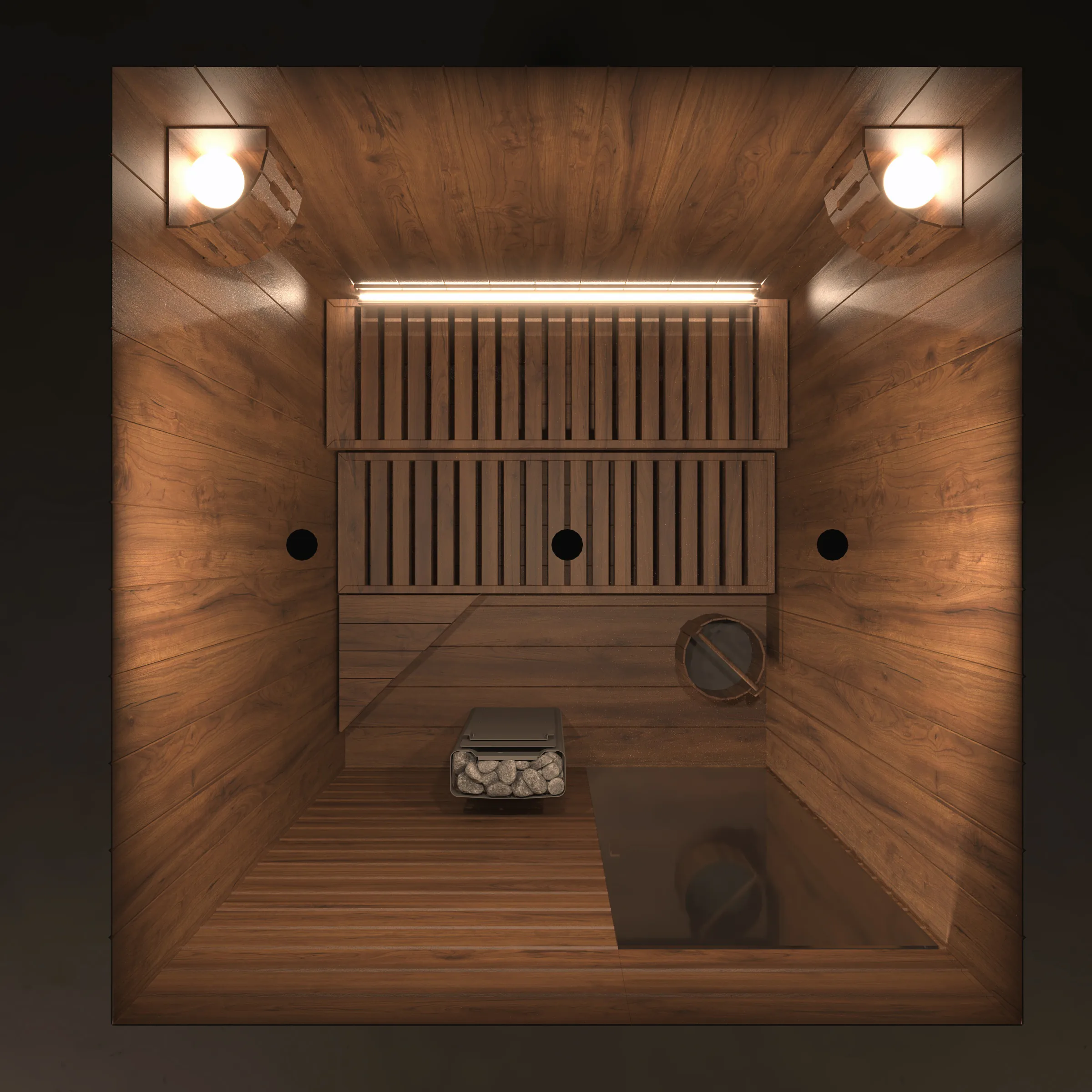 A rendering of the same custom sauna interior seen from above: walnut walls, a slatted bench and backrest, the heater's stones, and lights in the upper corners.