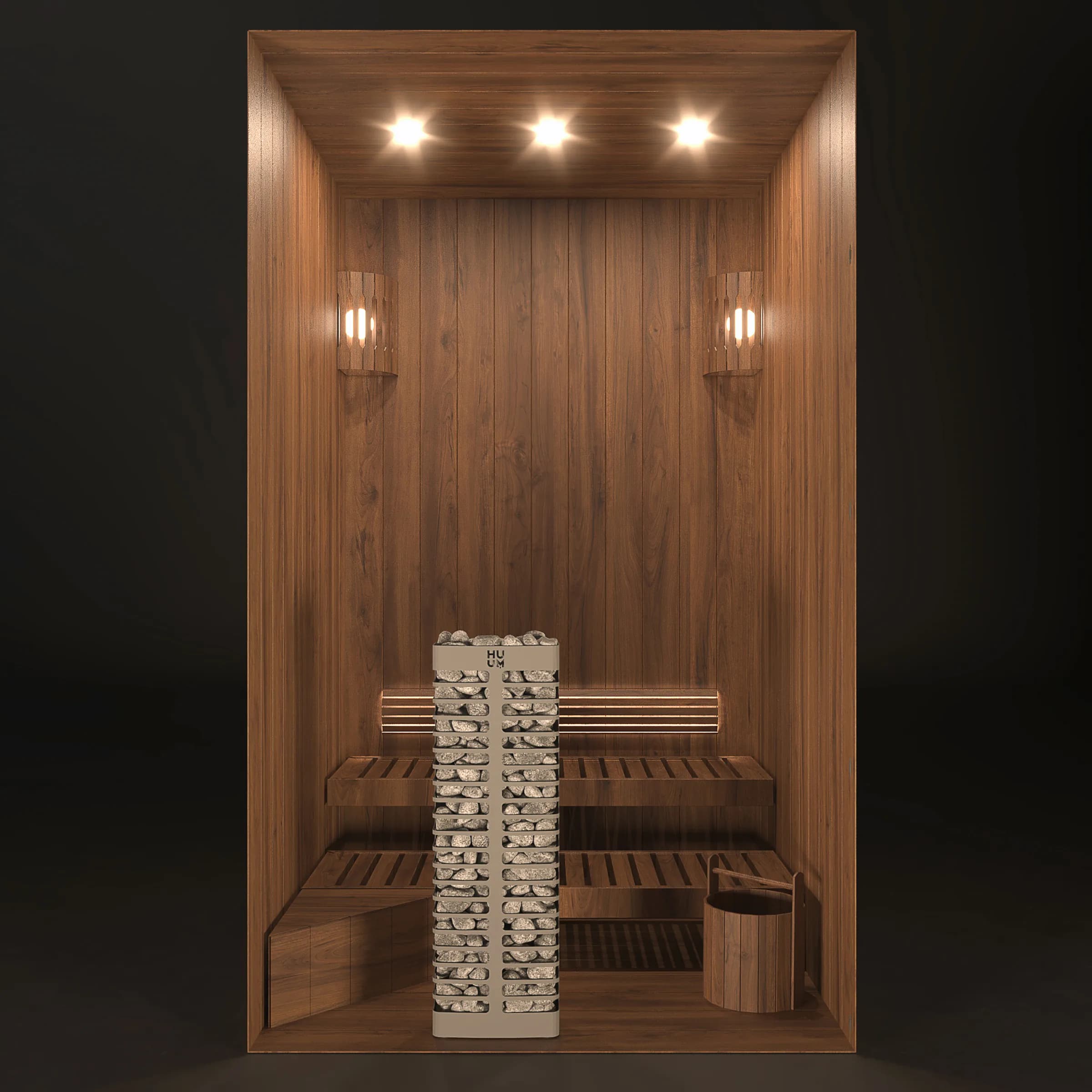 A rendering of a custom sauna interior: dark walnut paneling, a vertical pillar heater stacked with stones, wooden wall sconces, and benches on two levels.