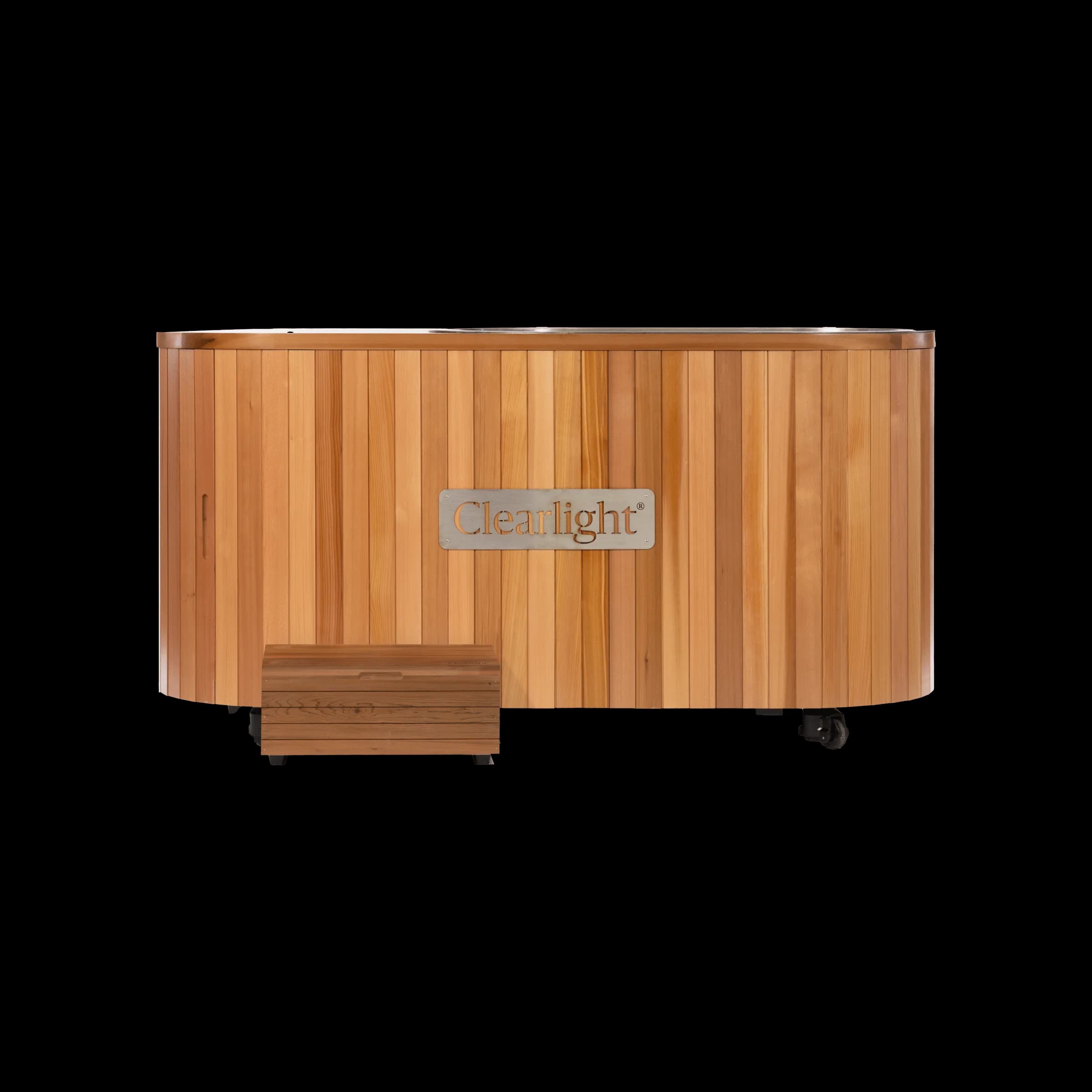 Clearlight cold plunge in vertical cedar slats with a small wood step and steel basin rim