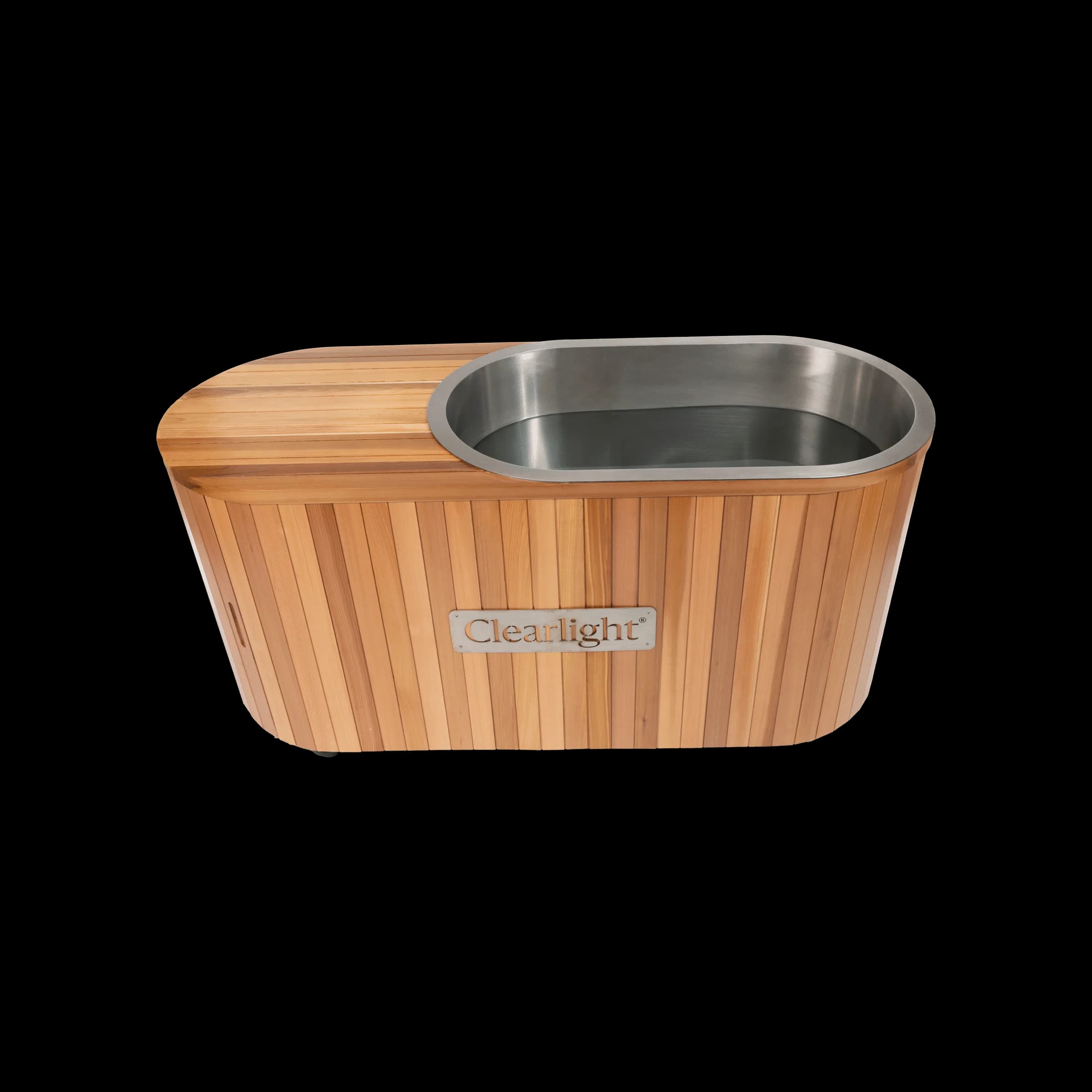 Clearlight's studio image of The Clearlight Plunge Cold Plunge from above: an oval stainless steel basin set in a cedar surround. Not the Icetubs ICEBATH.