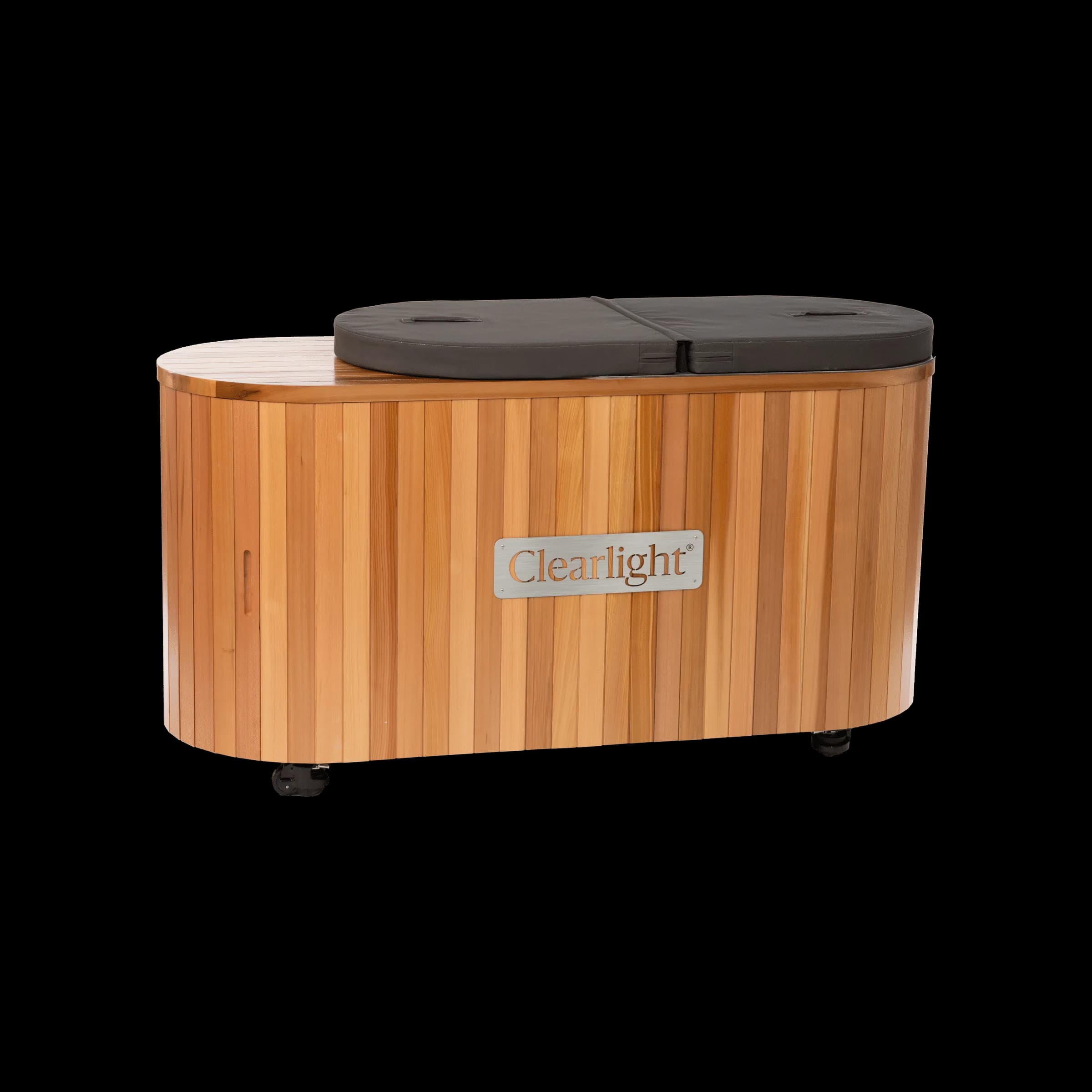 Clearlight's studio image of The Clearlight Plunge Cold Plunge with its padded grey cover in place, a cedar cabinet on black casters. Not the Finnmark SOULCOLD.