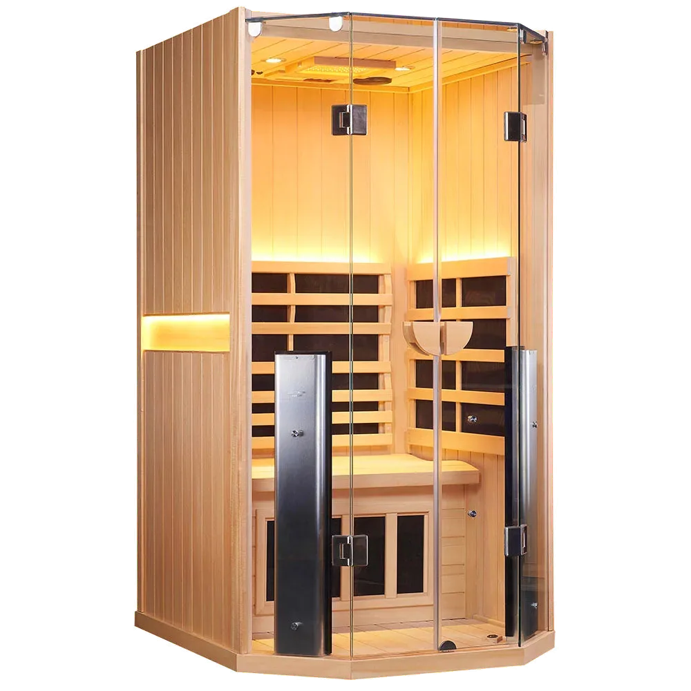 Clearlight Sanctuary sauna with full glass front, tall dark heaters flanking the door and a warm lit wood interior