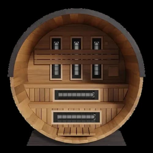 Front cutaway of the Finnmark FD-6 barrel sauna showing infrared panels and cedar benches