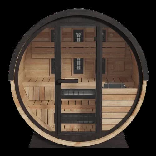 Front cutaway of the Finnmark FD-7 barrel sauna, infrared panels, benches and a black heater