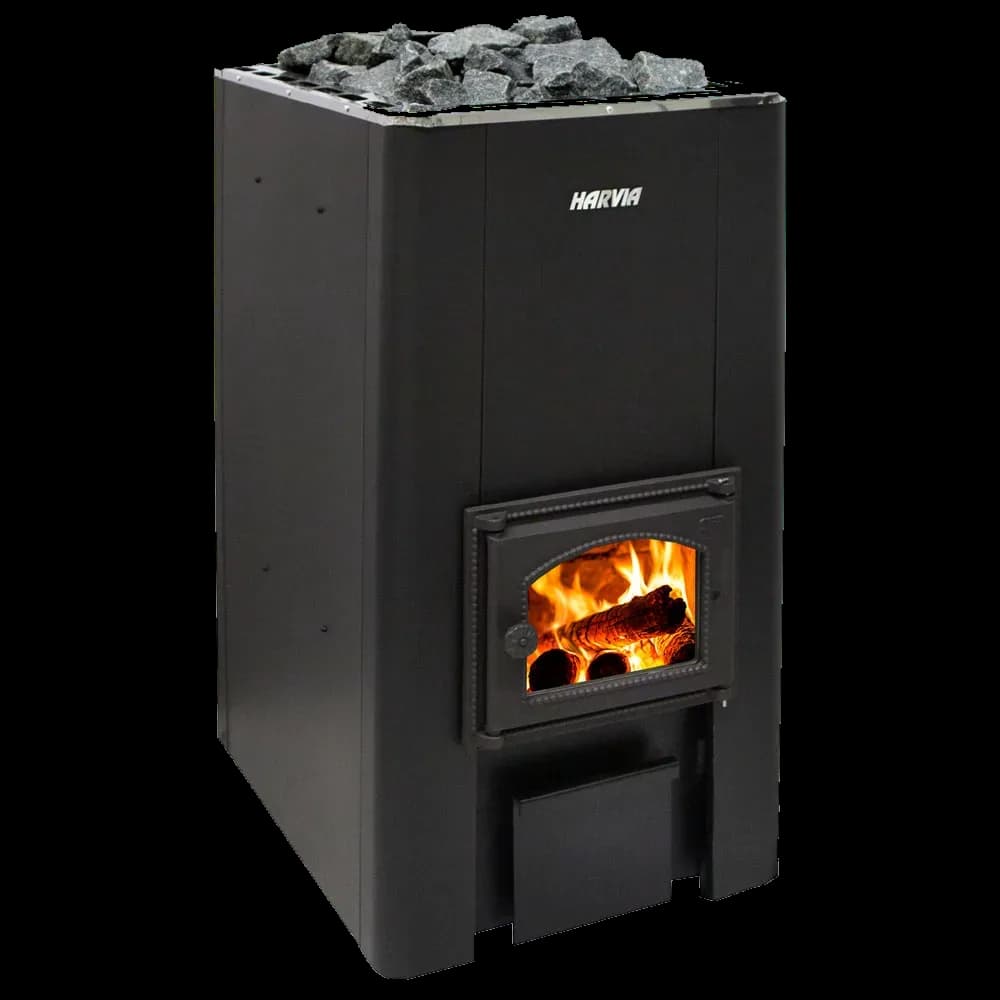 Harvia 50 wood sauna stove, a tall black steel cabinet with stones on top and a glass firebox door, studio shot on white