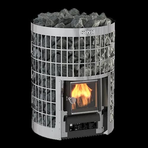 Harvia Cilindro 16 wood sauna stove, a round stainless grid pillar filled with stones around a glass firebox door, studio shot on white