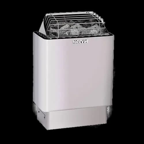 Harvia KIP stainless steel wall heater with dark stones under a chrome top rail, white background