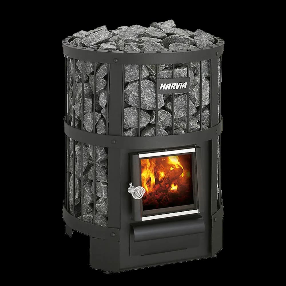 Harvia Legend 150 wood sauna stove from the front, black steel frame full of stones, fire behind the glass door
