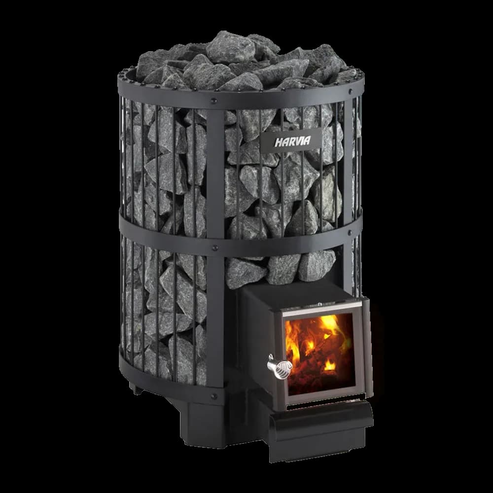 Harvia Legend 240 SL wood sauna stove, black steel frame full of stones, with the fire chamber extension and glass door to the front