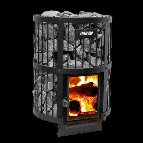 Harvia's studio image of the Legend 240 GreenFlame wood sauna stove from the same Legend line: a black steel frame full of stones around a glass fire door.