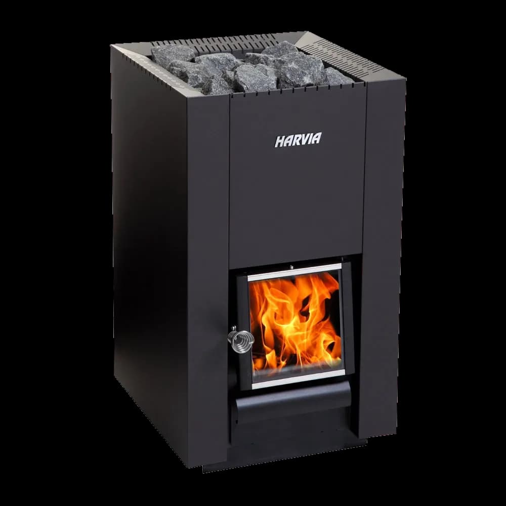 Harvia Linear 16 Black wood sauna stove, a squared black steel box with stones on top and fire behind the glass door