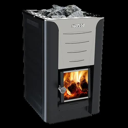 Harvia Pro 20 wood sauna stove with a graphite black casing, stainless front and glass door, studio shot on white