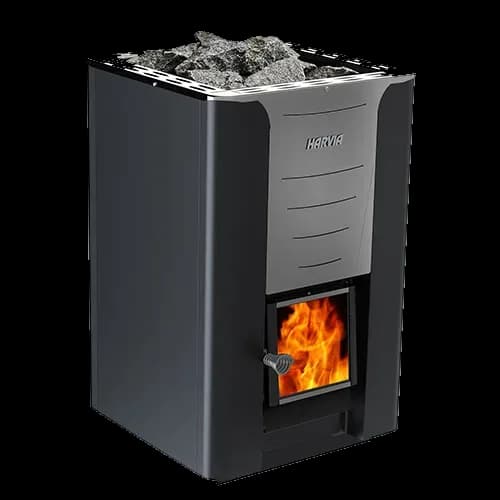 Harvia Pro 36 wood sauna stove in graphite black with a stainless front panel and glass door, studio shot on white