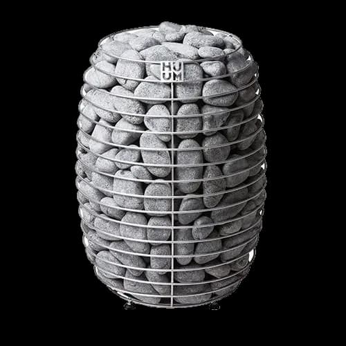 HUUM Hive barrel shaped heater stacked with grey stones inside a steel bar frame, white background
