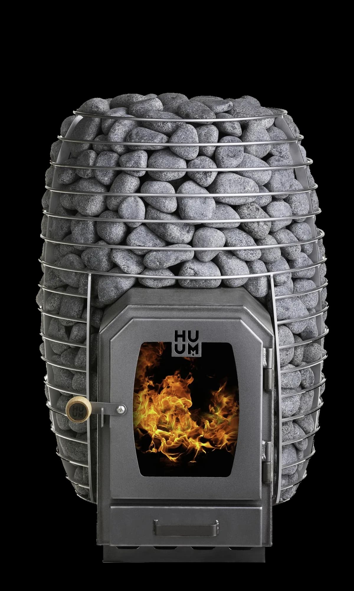 HUUM HIVE Wood sauna stove on white, its round steel cage full of sauna stones and a fire showing through the glass door