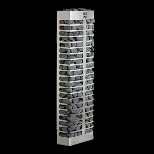HUUM STEEL 3.5 wall sauna heater filled with dark stones, front view in the studio