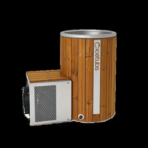 Icetubs ICEBARREL cold plunge in the standard size, a Thermowood barrel with the cooling engine housing beside it