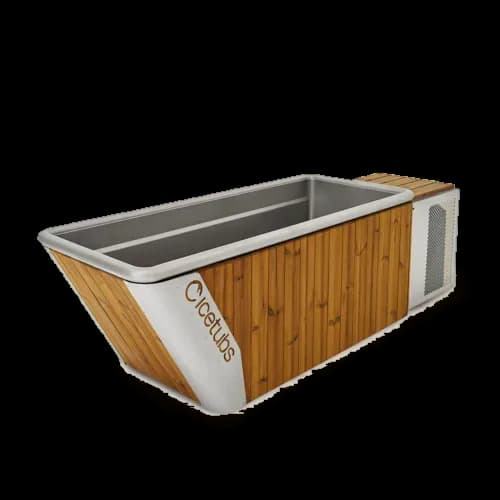 Icetubs ICEBATH reclined cold plunge tub with Thermowood sides, a stainless interior and the engine housing at one end