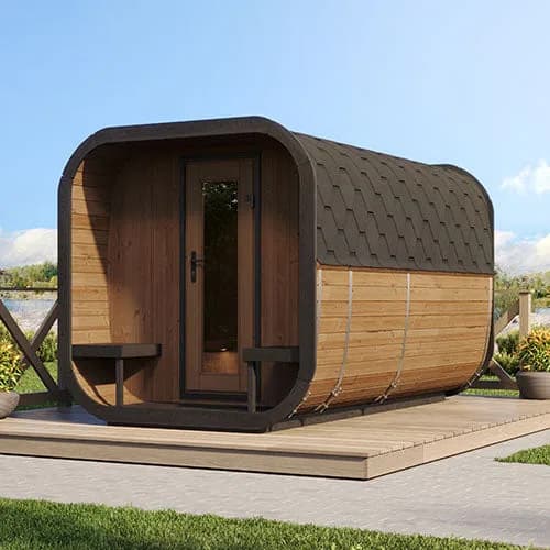 SaunaLife's rendering of the CL12GCP from its porch end: benches either side of a wooden door with a narrow glass panel, under a black shingle roof, on a timber deck beside the water.