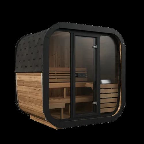 SaunaLife CL5G cube sauna, glass front with door, black shingled side and light wood stave walls