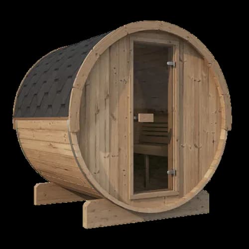 SaunaLife E7 barrel sauna with glass door and dark shingle roof, angled front view showing benches inside