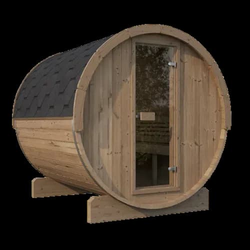 SaunaLife E8 barrel sauna with glass door and dark shingle roof, angled front view with greenery beyond