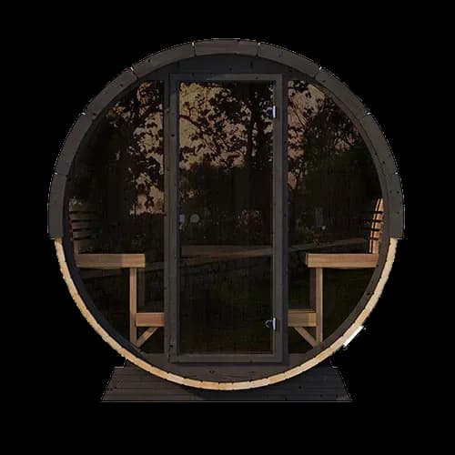 Front of the SaunaLife EE8G barrel sauna at dusk, glass wall and door reflecting garden trees