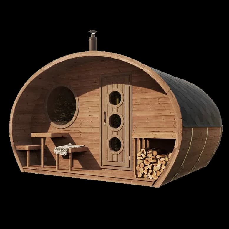 SaunaLife G11 oval cabin with chimney, porthole door, round window, porch table, and stacked firewood