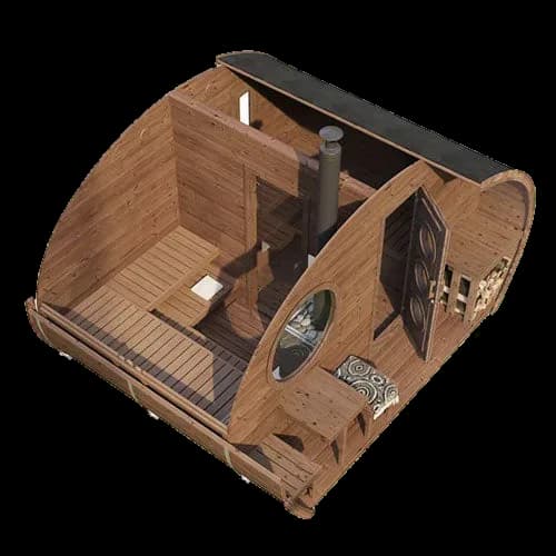SaunaLife's cutaway rendering of the G11 Outdoor Cabin seen from above: a wood stove with its flue pipe in the sauna room, benches, and a front porch.