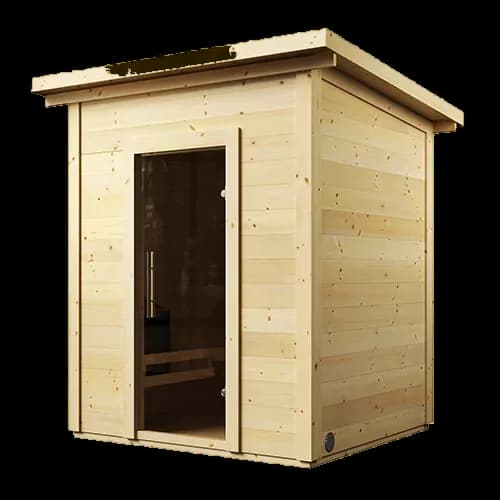 SaunaLife G2 outdoor cabin sauna in natural spruce, studio view of the front corner with a tinted glass door and a low shed roof