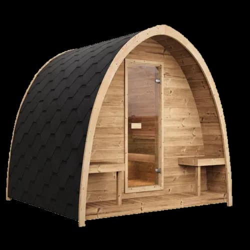 SaunaLife's studio image of the G3 Outdoor Cabin, from the same Garden Series: an arched black shingle shell, a wood front with porch benches, and a glass entry door.