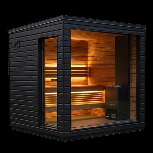 SaunaLife G6 outdoor cabin sauna, studio view of black horizontal cladding with a glass door and a wide glass front lit from inside