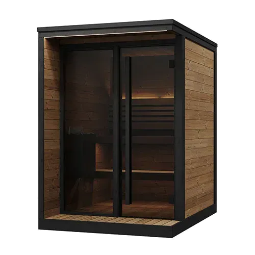 SaunaLife GL4 cabin sauna studio view, black frame with wood cladding and glass front doors