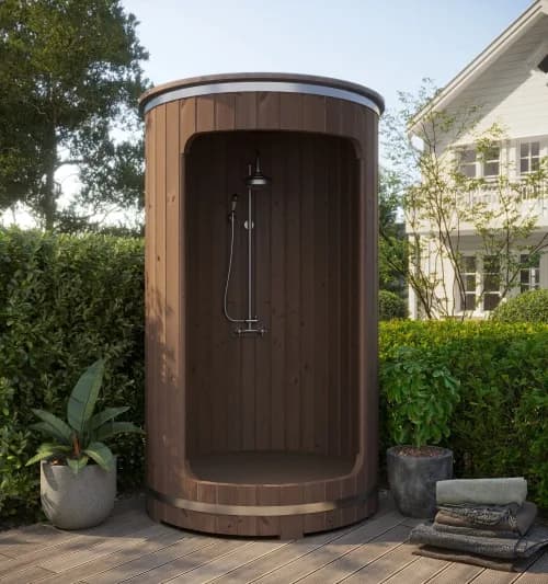 SaunaLife R3 outdoor shower, a round wood enclosure with an open front and a rain shower column, on a deck beside a hedge and a house