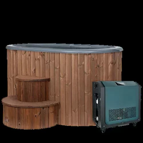 Oval SaunaLife S2N tub in natural wood with a grey rim, two stacked curved steps at one end and a teal chiller unit on wheels