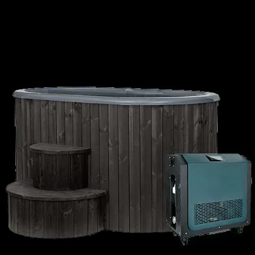SaunaLife's studio image of the S2N Cold Plunge from the same Soak Series, in black stained wood: an oval tub with a grey rim, two curved steps, and a teal chiller unit on wheels.