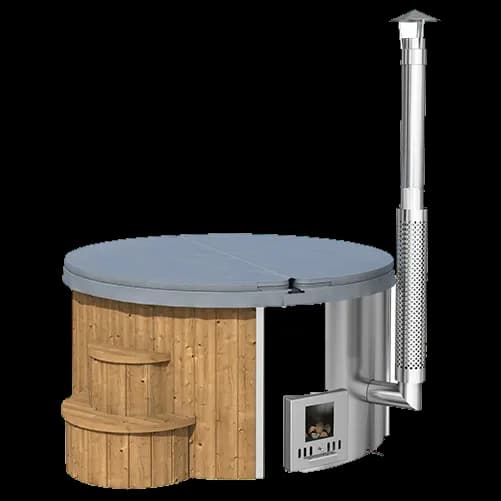 SaunaLife S4N round wood-fired hot tub in natural Thermo-Spruce with its grey cover on, stainless stove door in the tub wall, a tall chimney, and two curved steps