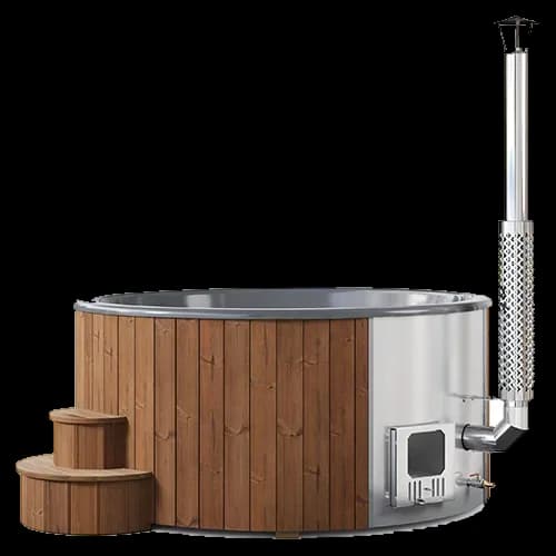 SaunaLife S6N round wood-fired hot tub in natural Thermo-Spruce with a stainless stove panel in the tub wall, a tall chimney, and two curved steps