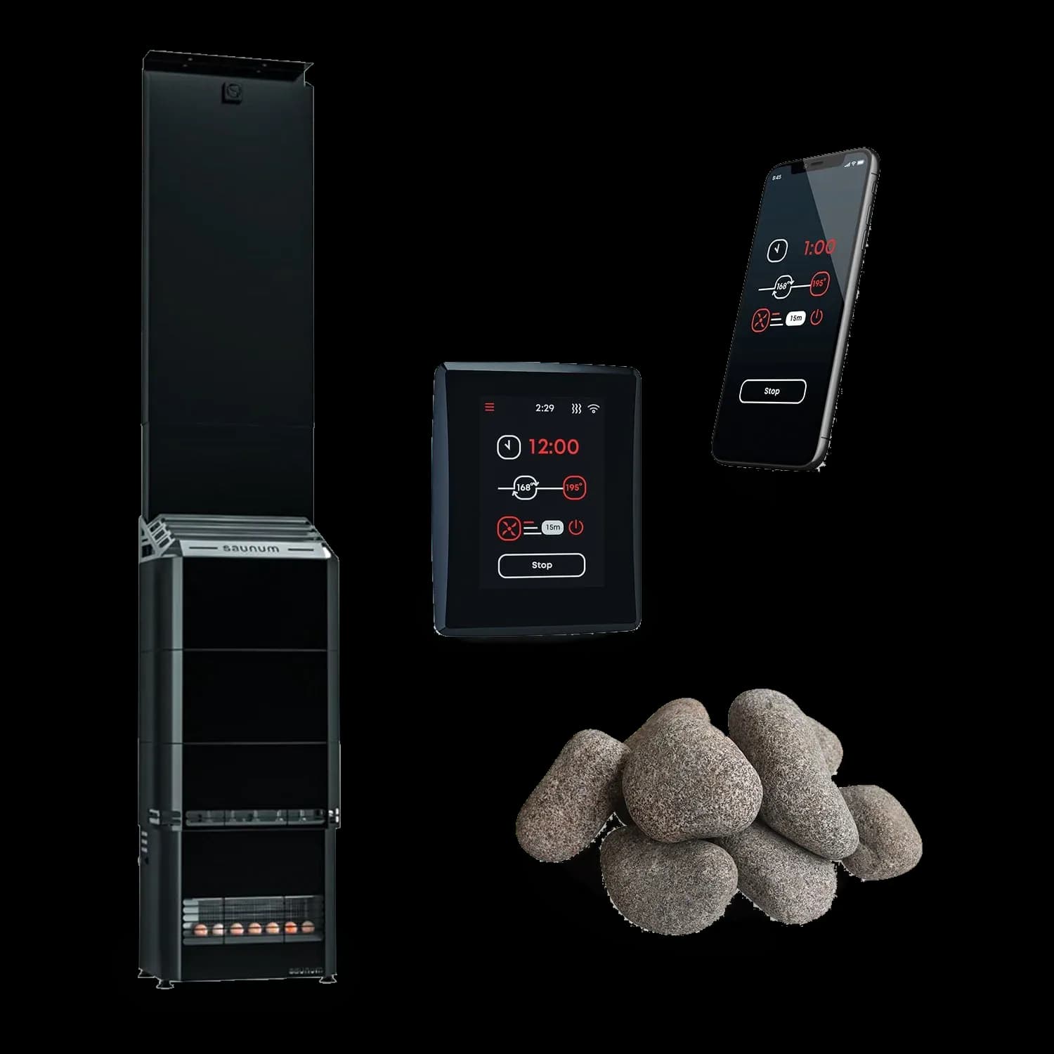 Saunum Air heater kit with black tower, wall touchscreen control, phone app, and pile of grey sauna stones