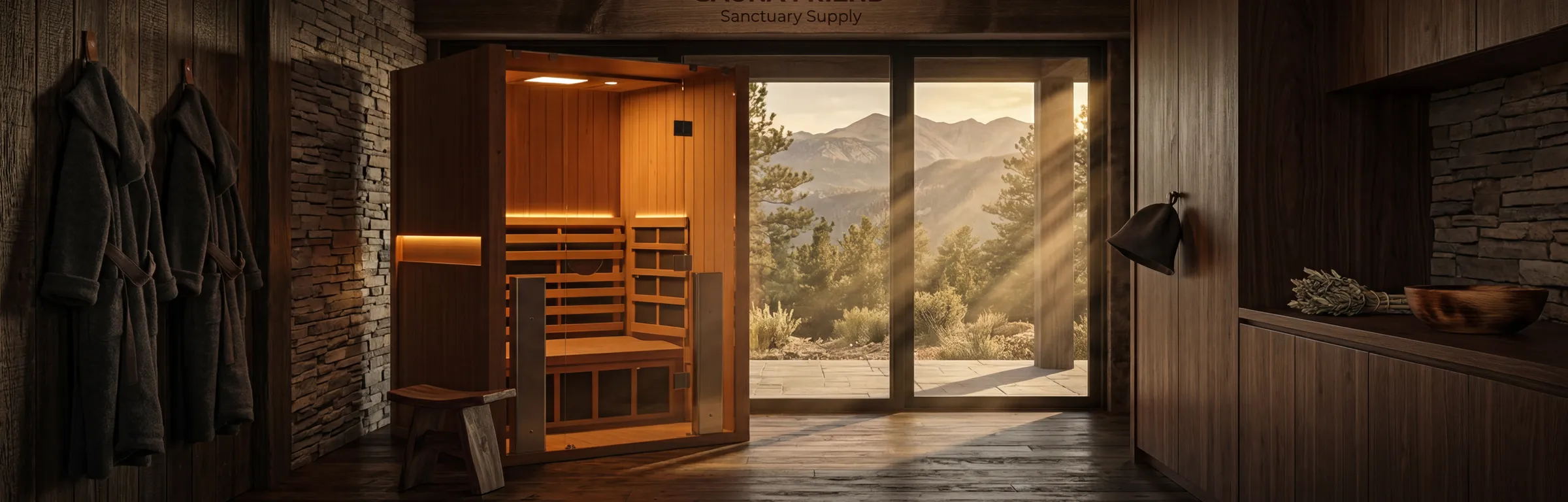 A rendering of an infrared cabin in a dark wood and stone room, robes on hooks, sliding doors open onto mountains in morning light.