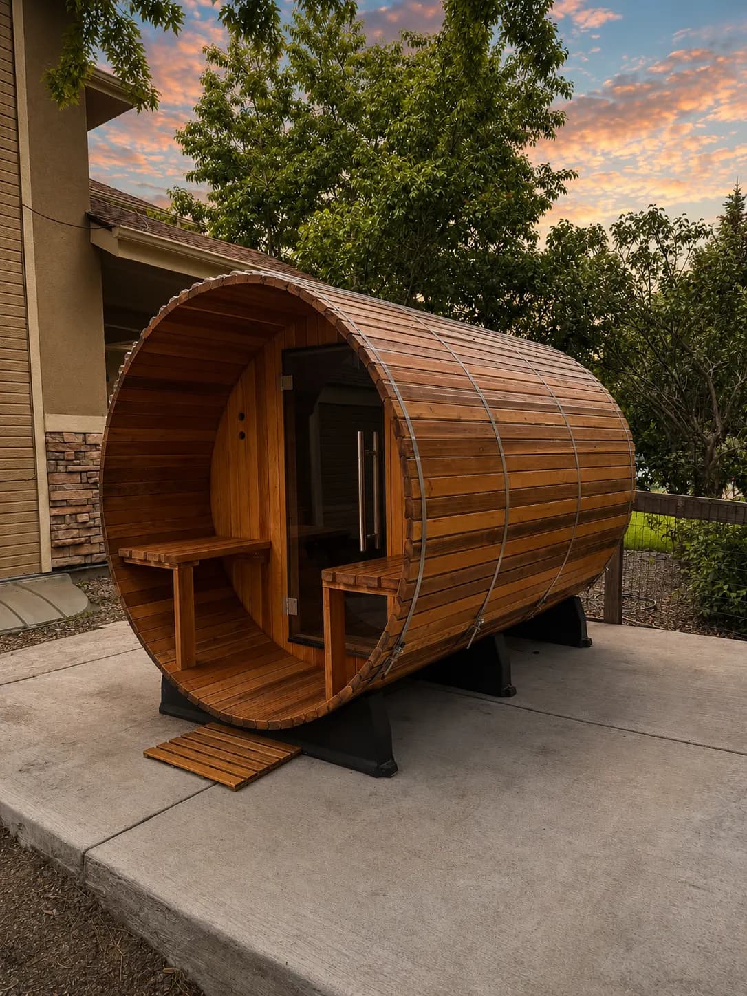 A refinished cedar barrel sauna on a concrete pad beside a house, under an evening sky.