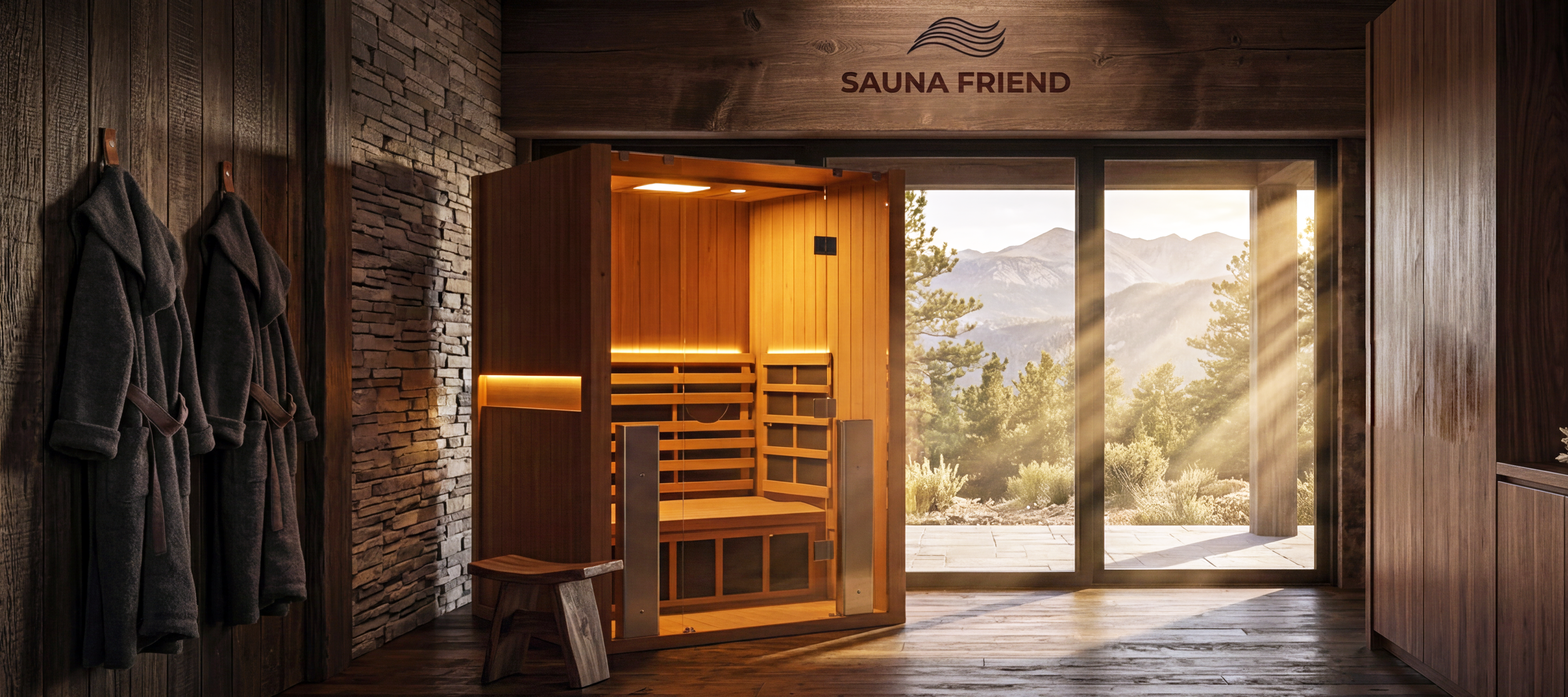 Wooden sauna with 'Sauna Friend' branding, bathrobes hanging on the left, and a view of nature outside.