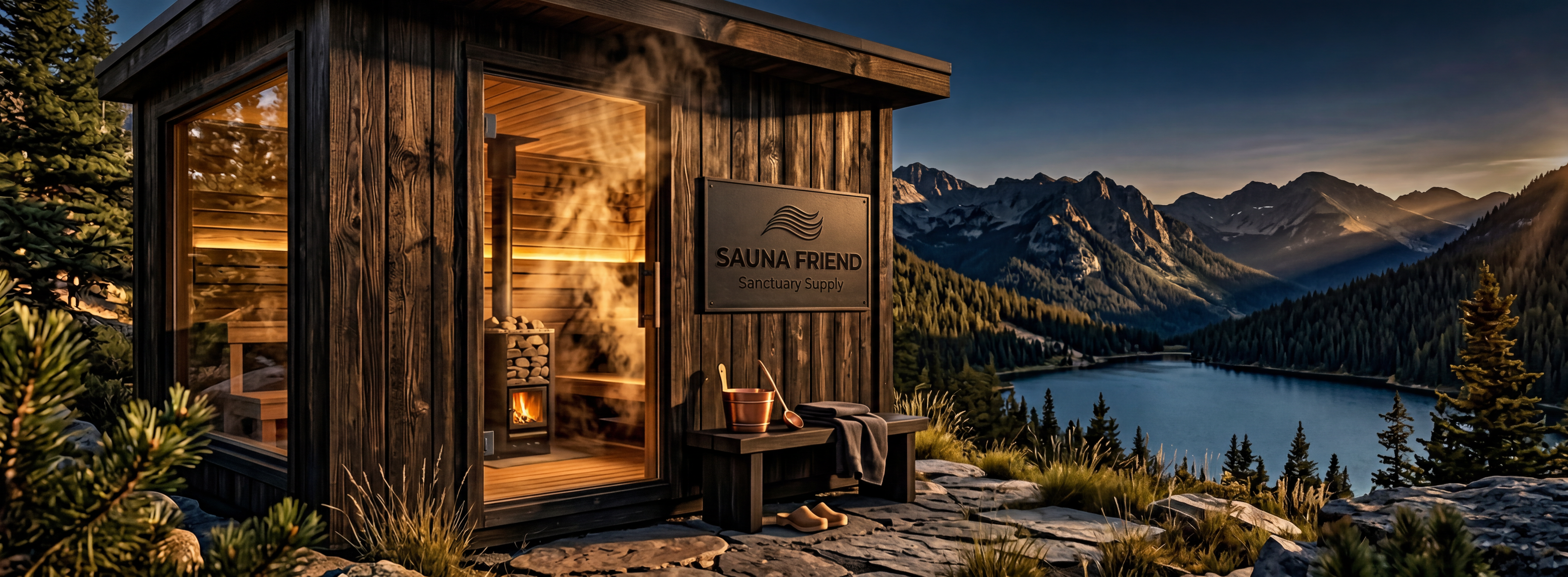 Outdoor sauna with wood burning heater near mountains